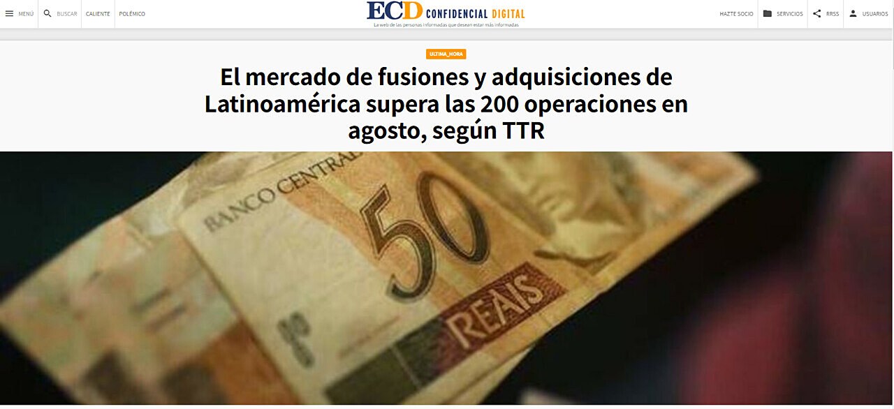 El mercado de fusiones y adquisiciones de Latinoamrica supera las 200 operaciones en agosto, segn TTR